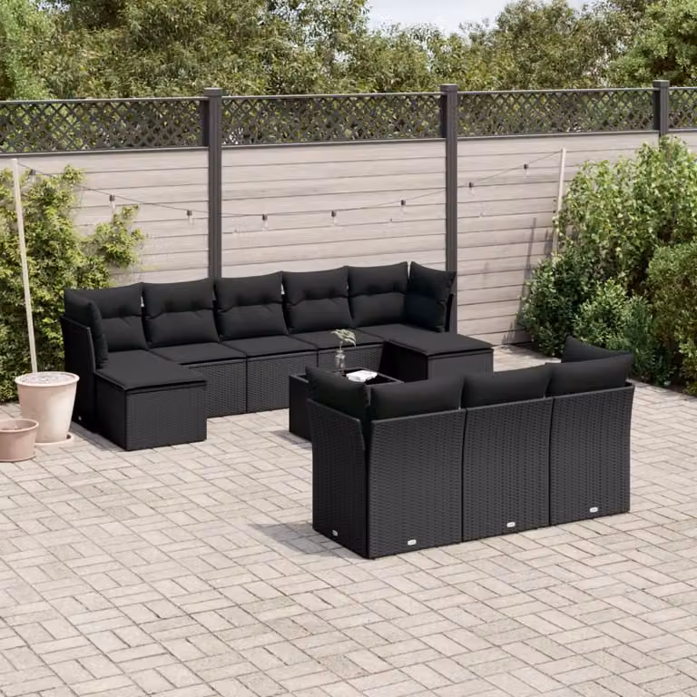 vidaXL Set Divani da Giardino 11 pz in Polyrattan Nero con Cuscini e Tavolino da Esterno