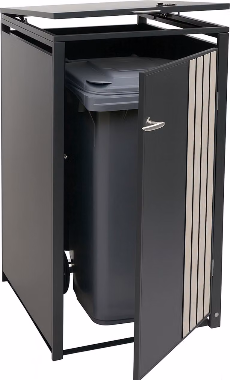 1 coperchio HWC-O67, contenitore per rifiuti con coperchio, metallo 122x68x84cm 35kg ~ antracite aspetto legno chiaro