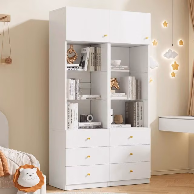Set da 2 vetrine alte WISHDOR bianche con ante in vetro e ripiani interni, L/P/H: 100 x 40 x 180 cm