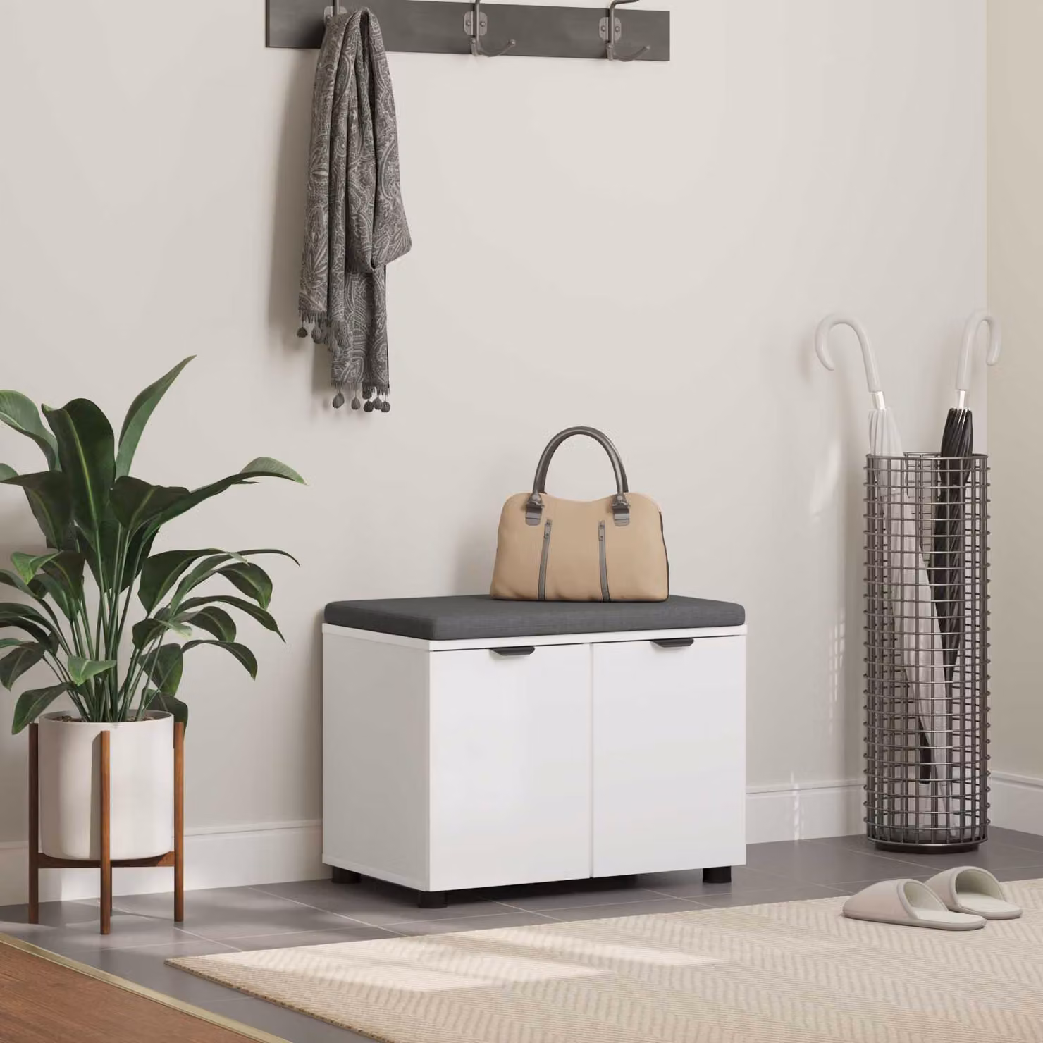 Panca per ingresso con cuscino e porta scarpe vidaXL, Bianco, L: 60 cm, P: 38 cm, H: 46 cm