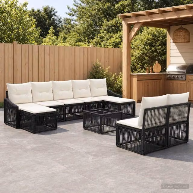 Set Divano da Giardino vidaXL a Forma a U in Polyrattan Nero con Tavolino e Ottoman, 10 Pezzi