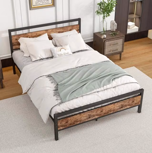 Letto ULEVR 140x200 cm in metallo e MDF, rete a doghe in acciaio, testiera e pediera, marrone antico