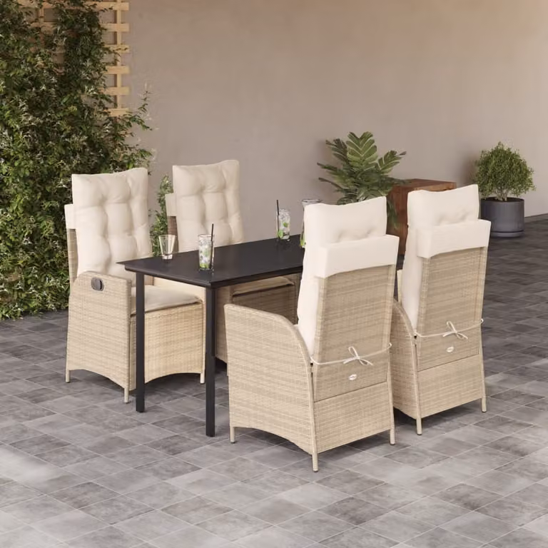 Set da Pranzo da Giardino vidaXL in Polyrattan con Cuscini Beige e Tavolo in Vetro 5 pz
