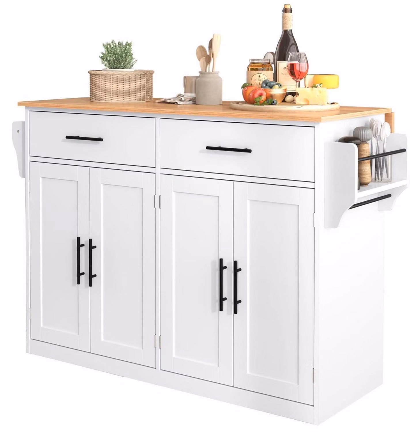 Isola da cucina con piano ribaltabile, dimensioni 120x46(70)x91 cm, colore bianco, con ruote e gambe in legno, 4 ante e 2 cassetti
