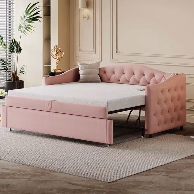 Letto imbottito estraibile ¨C Minimal ¨C rosa tessuto 90x200 cm con rete a doghe e USB
