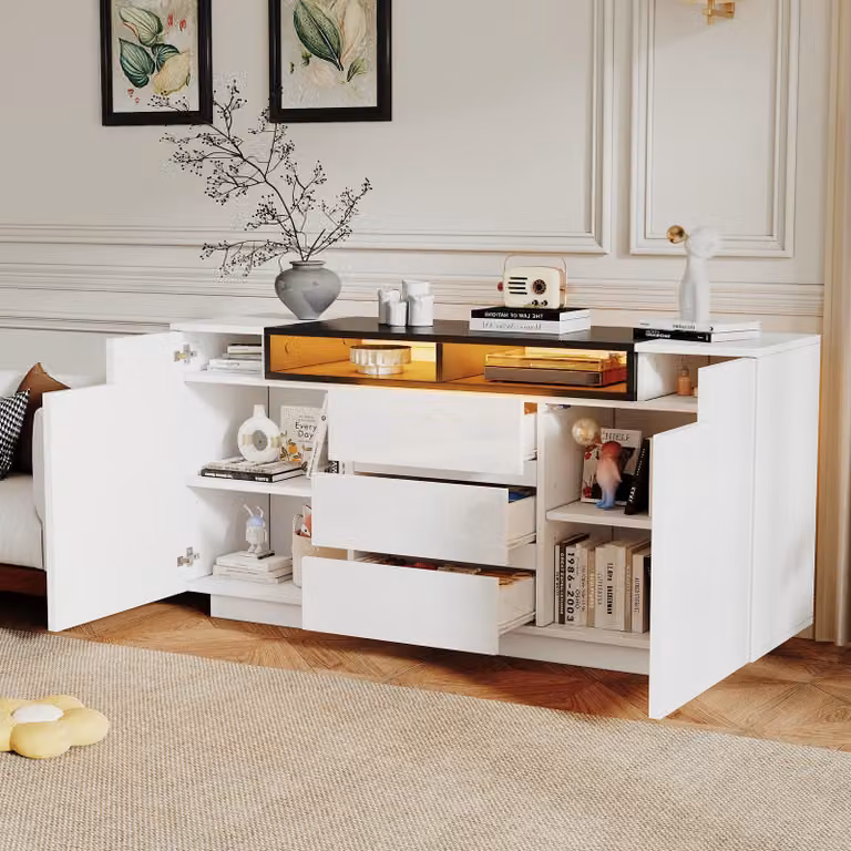 okwish credenza da soggiorno con divisori regolabili, cassettiera laterale con due ante a L e due vani portaoggetti semiaperti, bianco+nero