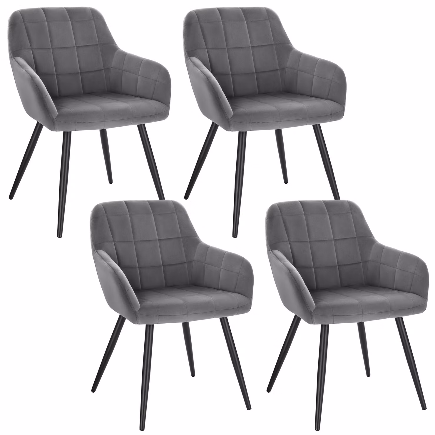 WOLTU Set di 4 sedie per sala da pranzo Sedia da cucina Sedia imbottita Sedia da soggiorno Poltrona con braccioli Seduta in velluto Gambe in metallo Grigio scuro