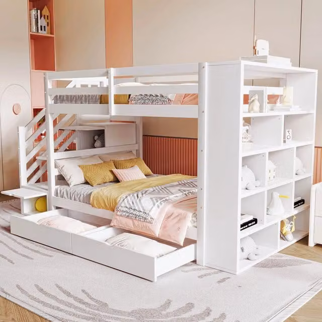 Letto a castello 90 × 200 cm con scala contenitore, 2 cassetti e vano grande, senza materasso, pino bianco