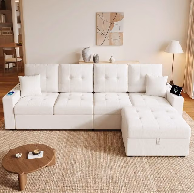 Divano 4 posti 253 cm beige con pouf contenitore; LED e porte USB/Type-C HOMVRA