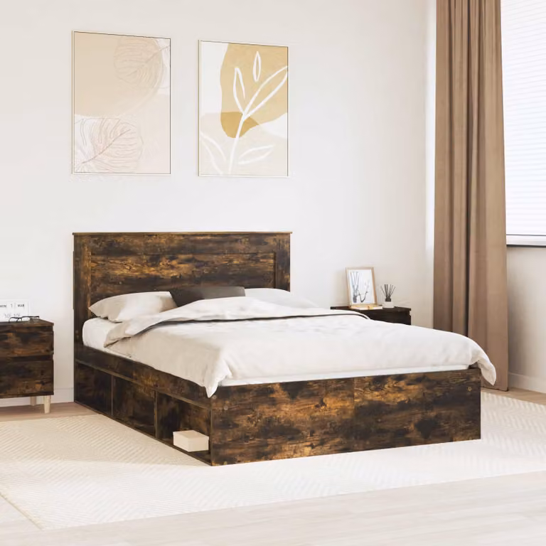 Struttura del letto moderna vidaXL in pino massello color rovere fumé, L/P/H: 140 x 190 cm
