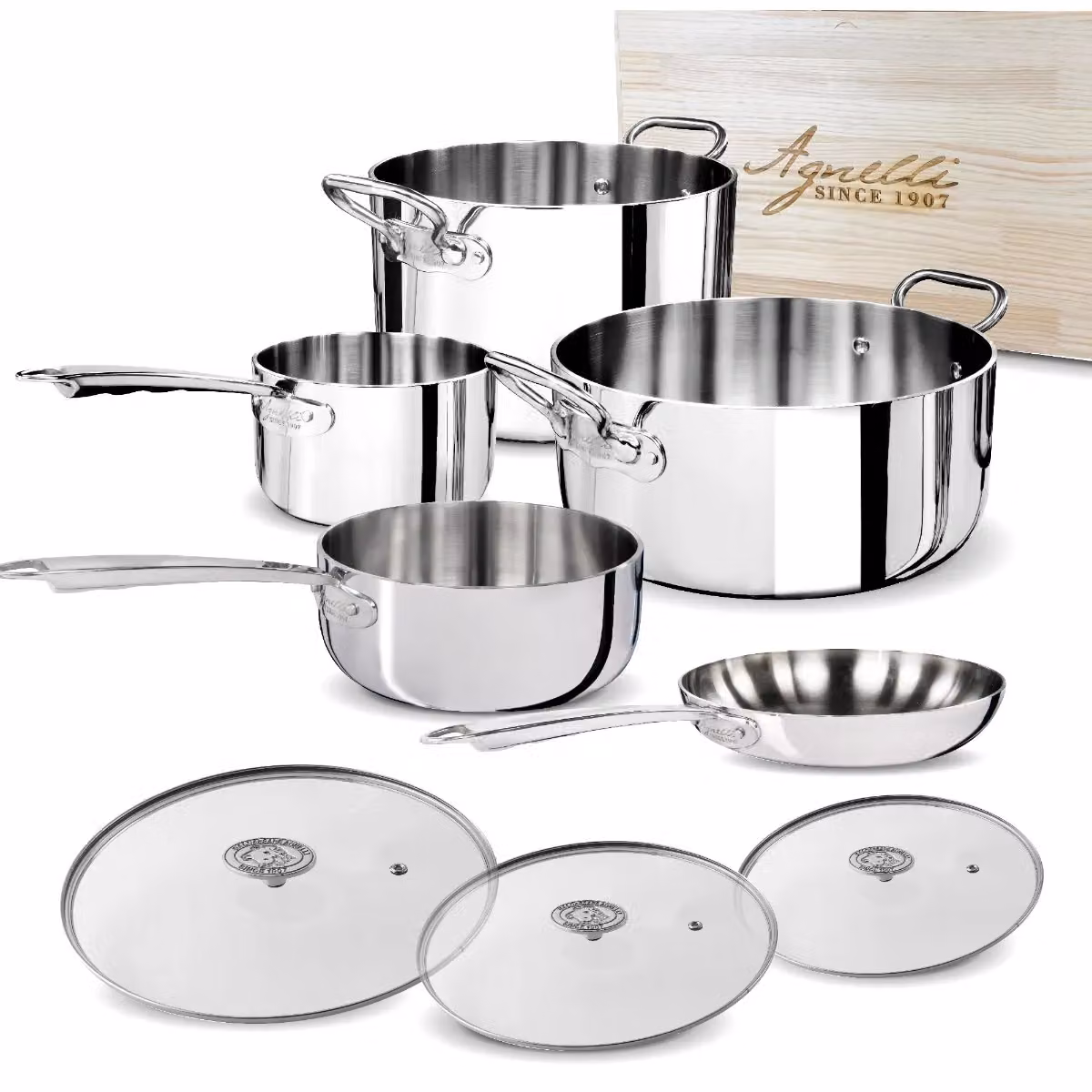 Batteria di pentole per induzione Agnelli in Alu-inox 5PLy - 8 pezzi con scatola in legno
