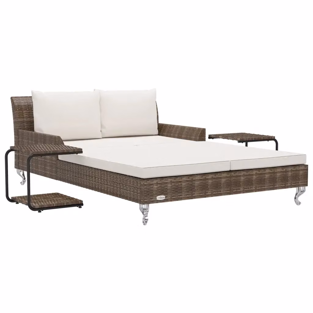 vidaXL Lettino Prendisole per 2 Persone in Polyrattan Marrone e Bianco con Cuscini Impermeabili e Vassoio Laterale – 2