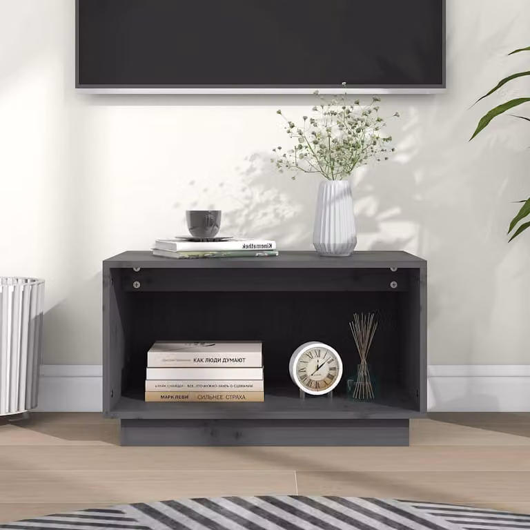 vidaXL Mobile Porta TV Grigio in Legno di Pino Massello L: 60 cm, P: 35 cm, H: 35 cm