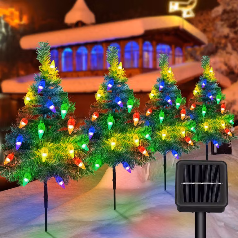 Illuminazione solare per vialetti, albero di Natale, set da 4, luce bianco caldo
