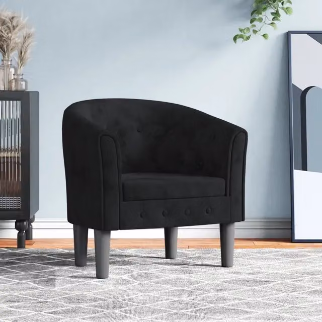 Poltrona moderna vidaXL in velluto nero con struttura in legno massello e braccioli – 1
