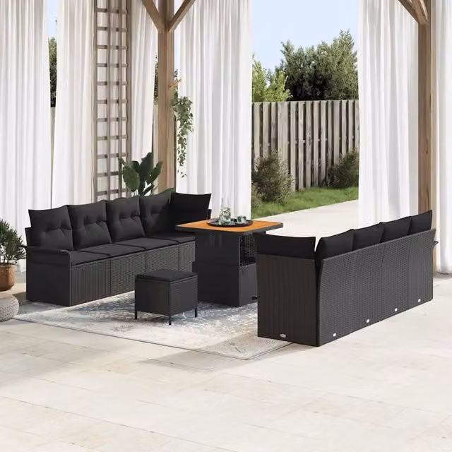 Set Divano da Giardino a Forma di U vidaXL Nero con Tavolino, Pouf e Cuscini in Acciaio Verniciato a Polvere e Legno di Acacia – 1