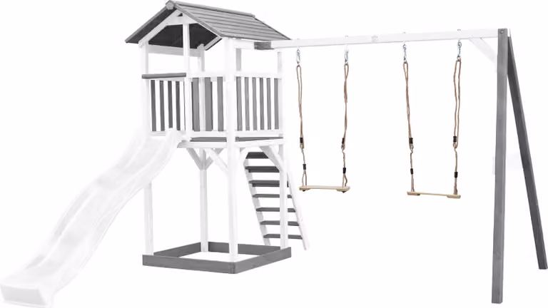 AXI Beach Tower parco giochi in legno in grigio e bianco | Torre di gioco per bambini con sabbiera, doppia altalena e scivolo bianco | Casa per bambini su palafitte per il giardino