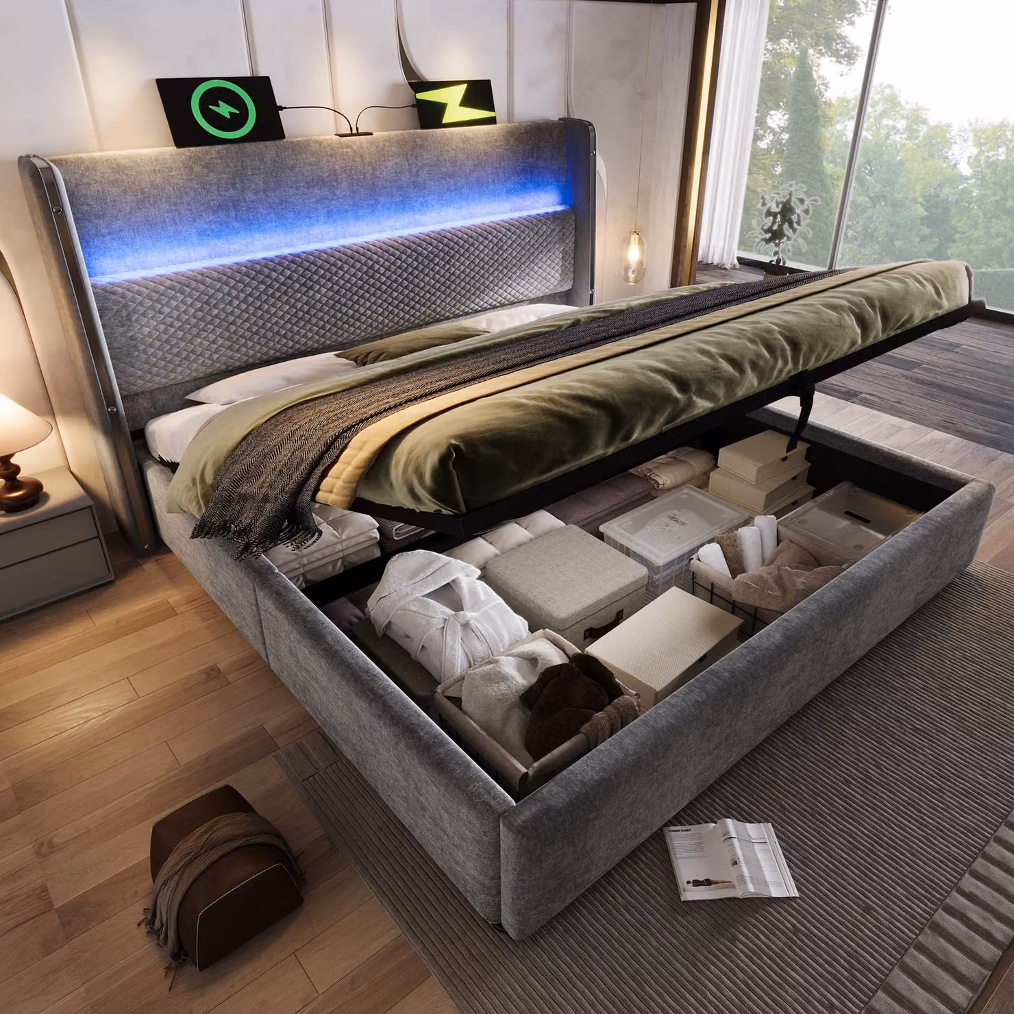 Letto imbottito okwish 180×200 con contenitore, letto matrimoniale con luci a LED e prese di ricarica, letto per ragazzi con testiera alta, grigio, senza materasso