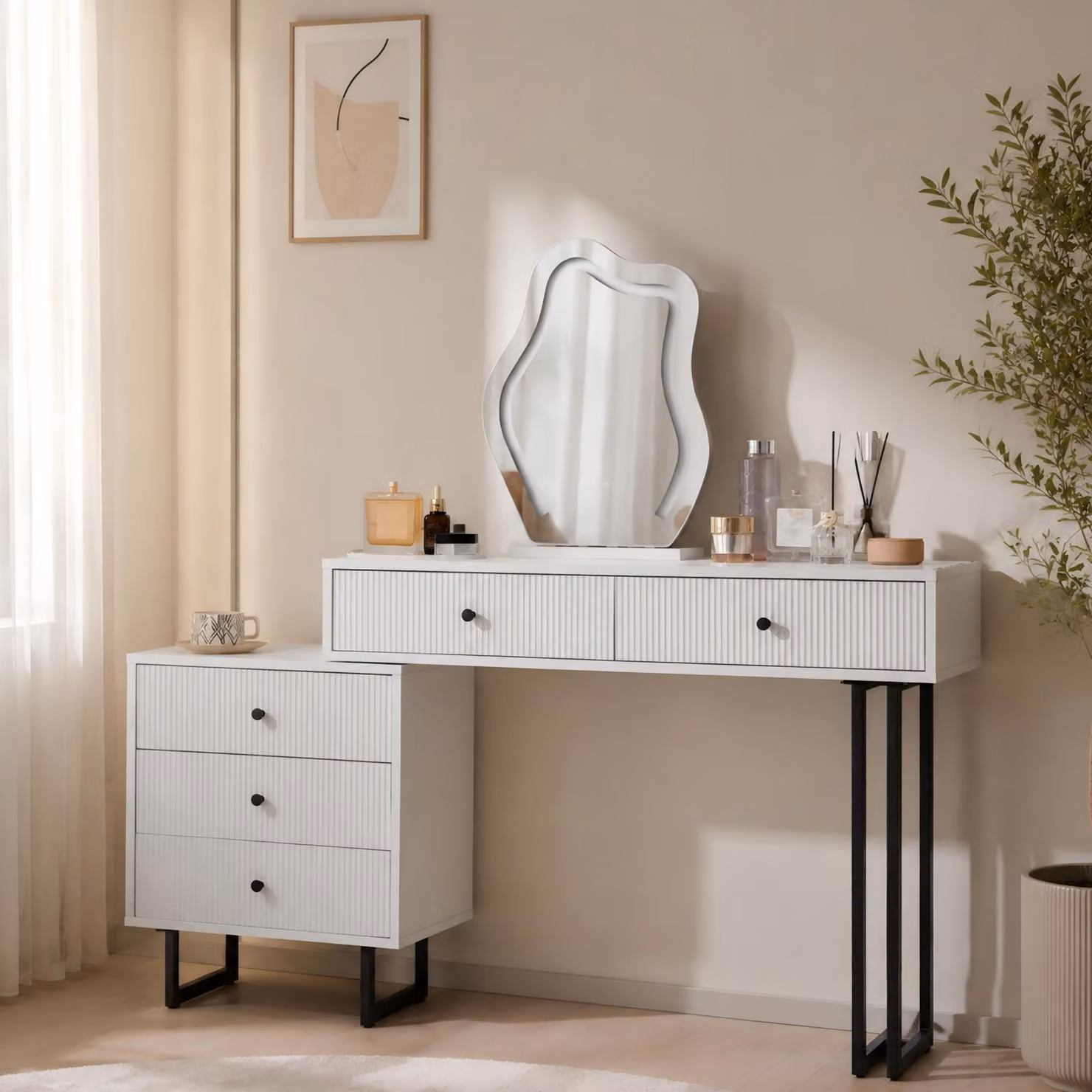 Comò da trucco, set con specchio e illuminazione LED a 3 colori, piano estendibile, colore bianco, dimensioni 100x40x76 cm, senza sgabello