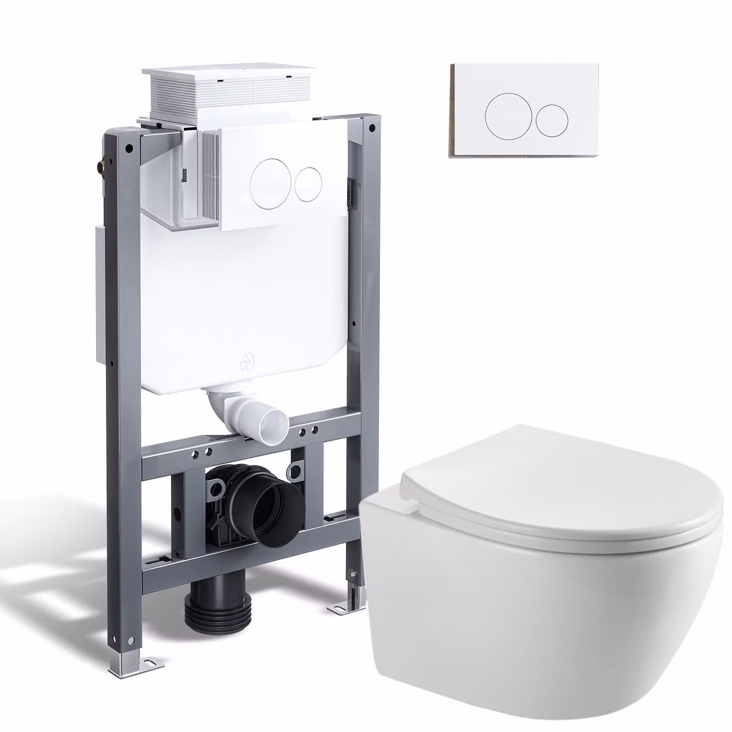 HOROW Set completo per WC, cassetta da incasso con elemento a parete da 82 cm + WC sospeso + placca di spinta rotonda bianca