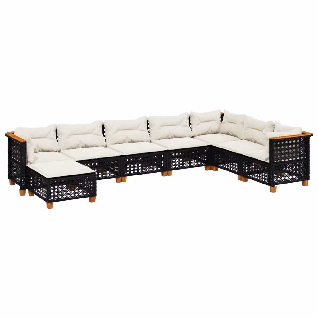 Set Divani da Giardino vidaXL a Forma di L in Polyrattan con Cuscini Bianchi e Struttura in Legno di Acacia Nero – 2
