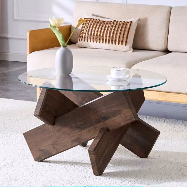 Tavolino basso rotondo Mivray con piano in vetro temperato trasparente e base a croce in MDF color noce, Diametro: 79 cm, Altezza: 45 cm