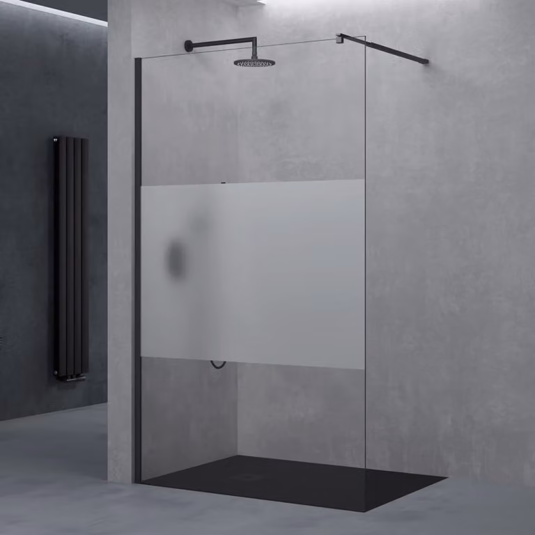 doporro Walk in Box Doccia 140x200 cm, Parete Doccia Fissa in Vetro Temperato 8 mm Anti Frantumi con Fascia Satinata, Barra Stabilizzatrice e Profilo Nero Opaco - Bremen01k