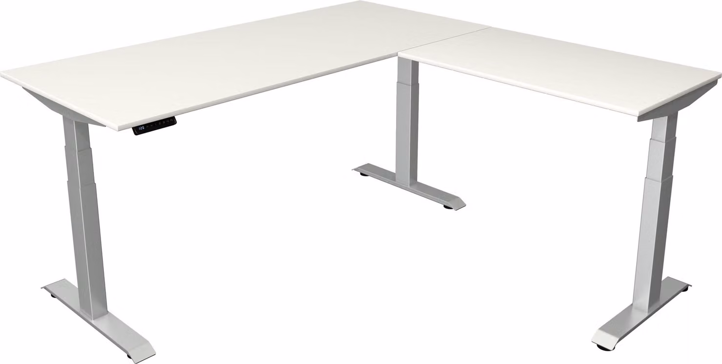 Combinazione angolare Move 4, regolabile elettricamente in altezza, colore telaio:argento, dimensioni combinazione angolare:180 x 180 cm, colore piano tavolo:bianco