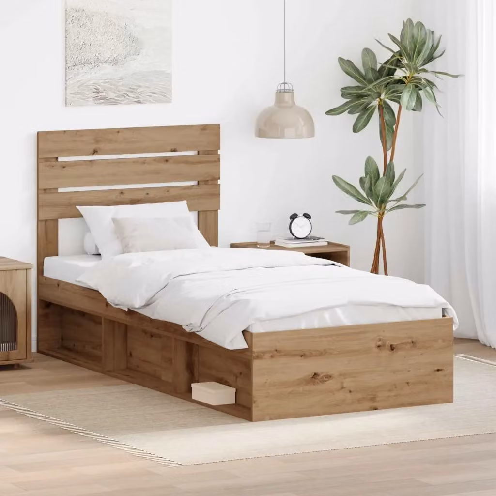 Letto singolo per adulti con design minimalista in legno e MDF marrone L/P/H: 196 x 90 x 78 cm – 2