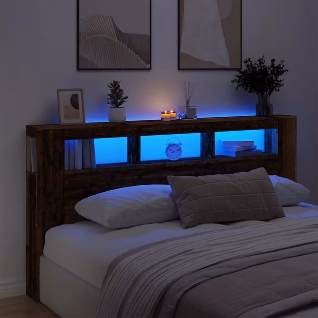 Testiera con LED e porta USB vidaXL in legno marrone, L: 200 cm, P: 18,5 cm, H: 103,5 cm