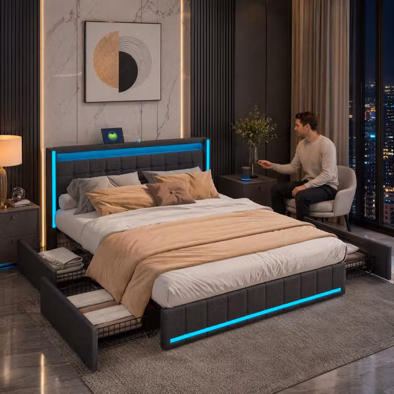 Letto imbottito ProximaX con LED e funzione di ricarica USB sulla testata e 4 cassetti. Letto matrimoniale 140x200cm con rete a doghe in legno in grigio scuro
