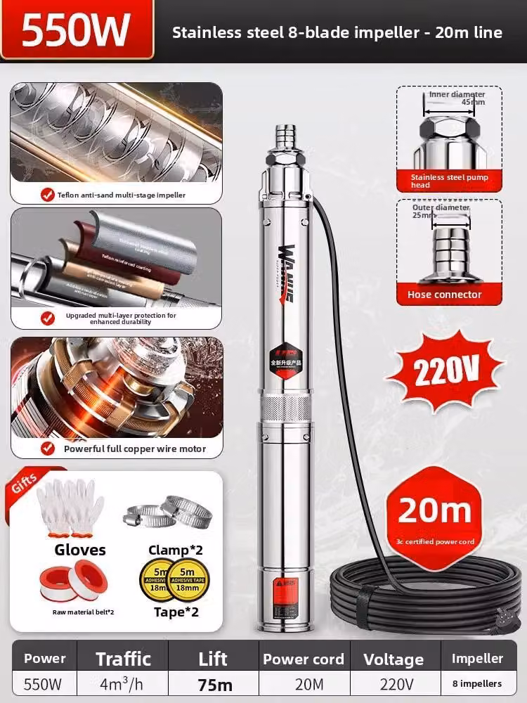 Pompa sommergibile in acciaio inossidabile, multistadio, 550 W, 8 giranti. Elevata portata, portata di 70 litri/minuto, 2850 giri/minuto. Ideale per l'irrigazione del giardino e l'approvvigionamento idrico domestico