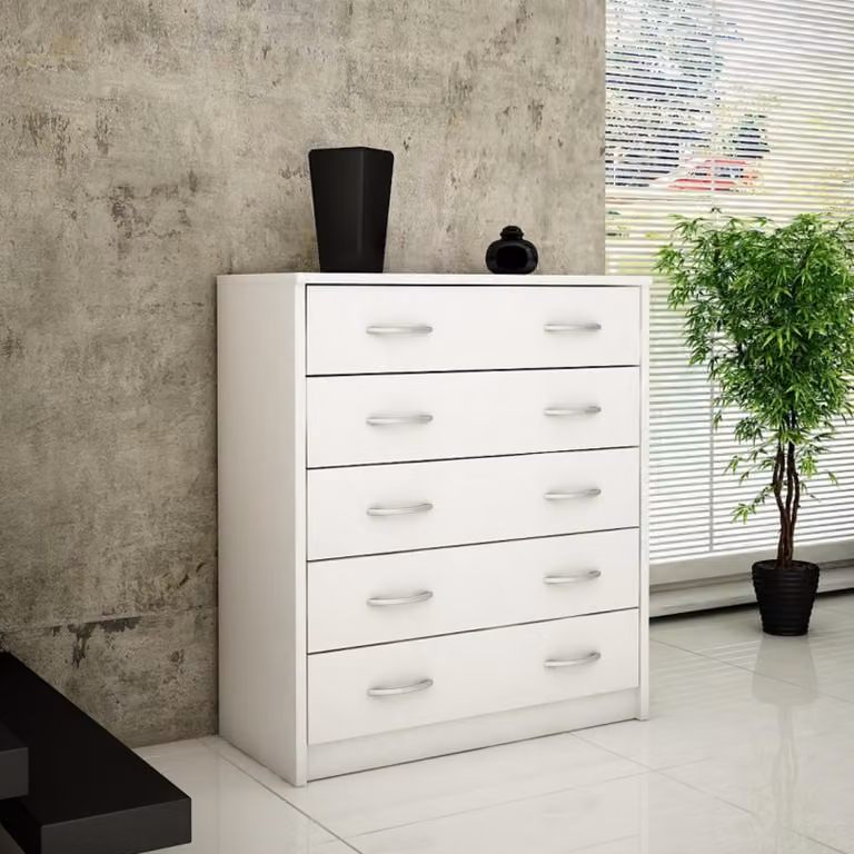 Comò a 5 cassetti con finitura opaca, comò largo 74 cm, mobile in legno, comò con cassetti, credenza, credenza alta, credenza bianca