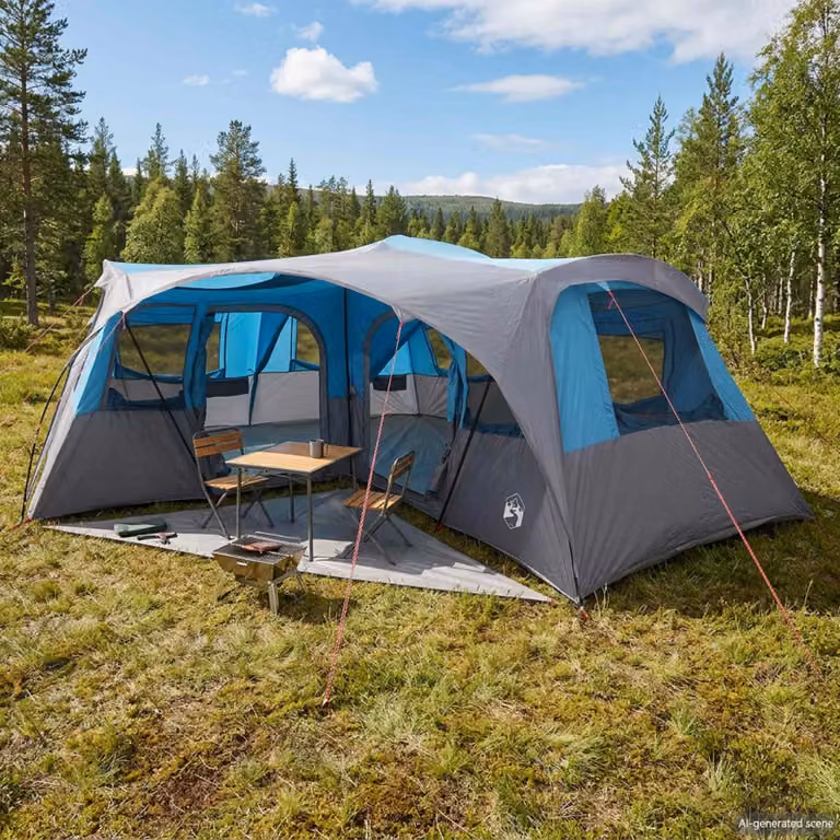 Tenda familiare vidaXL blu con telo da pioggia impermeabile in poliestere, acciaio e fibra di vetro