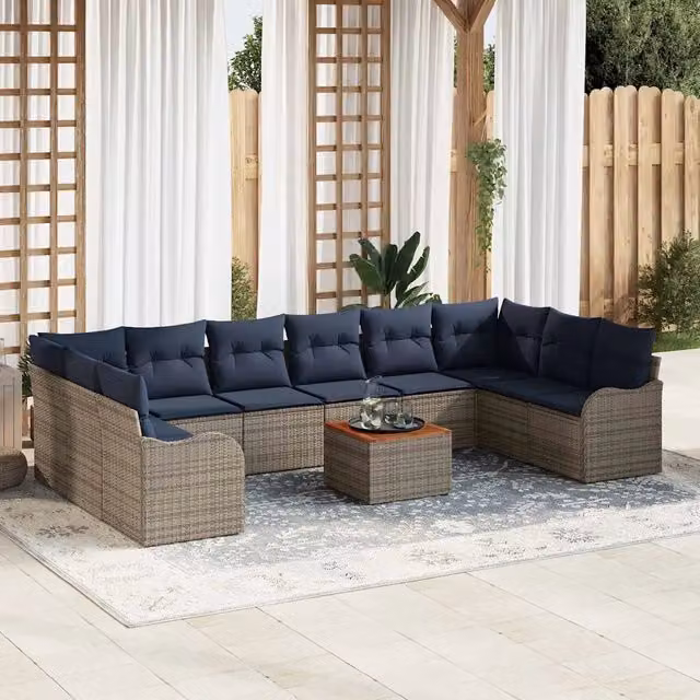 Set Divano da Giardino a Forma di U vidaXL in Polyrattan Grigio con Tavolino e Cuscini, 11 Pezzi – 1