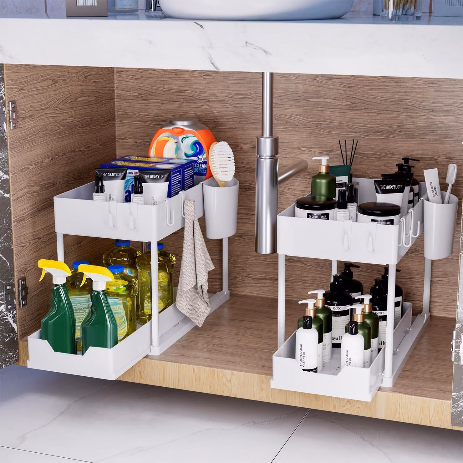 Ripiano portaoggetti a 2 livelli con cassetto estraibile, bianco, per mobile da cucina