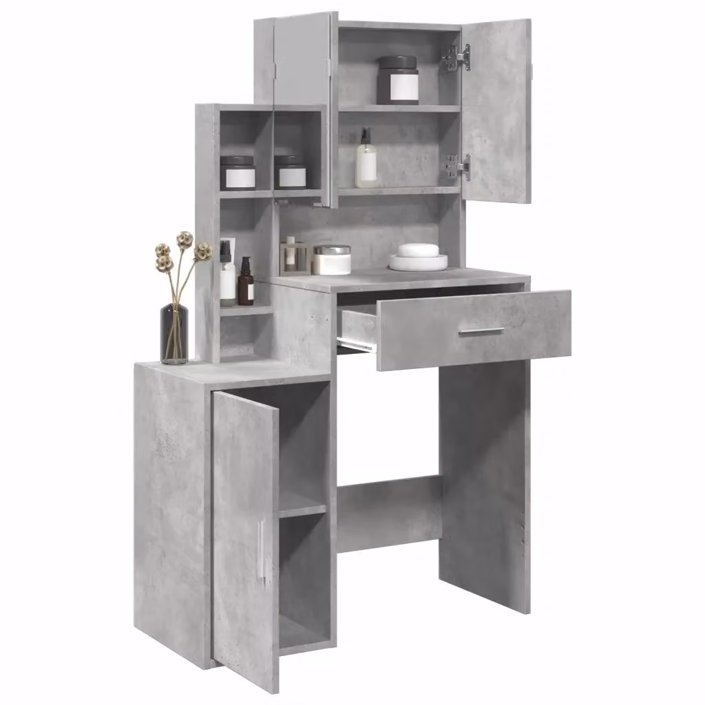 Toeletta con tavolo da trucco e armadietto in MDF laminato grigio, L 80 x P 35 x H 132 cm – 2