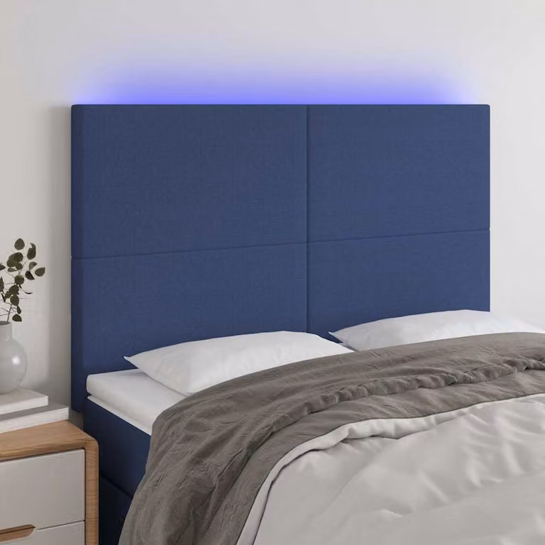 Testiera a LED vidaXL in tessuto blu con porta USB e illuminazione integrata L: 144 cm, P: 5 cm, H: 118-128 cm