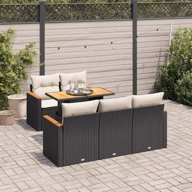 Set Divano da Giardino 6 pz con Cuscini Nero Polyrattan Acacia 3327437