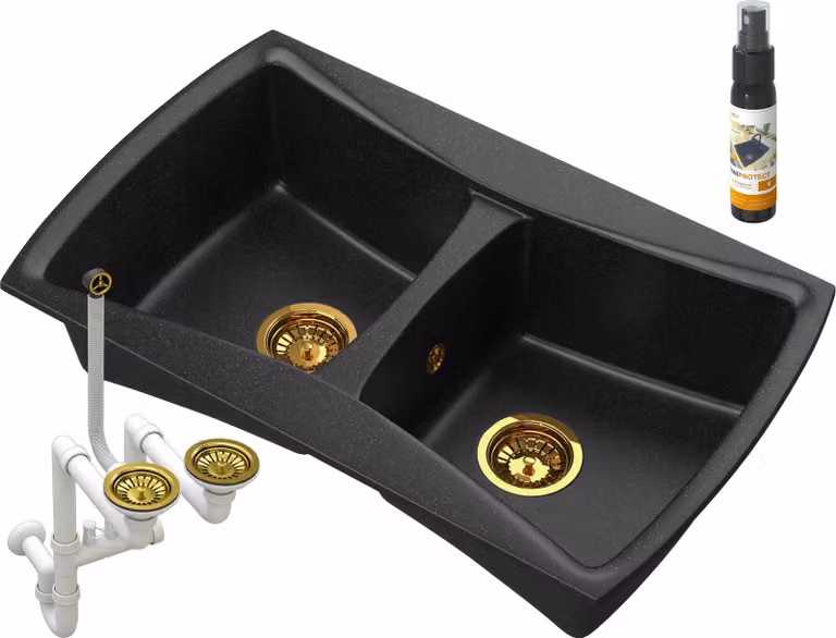 Granitan - Lavello in granito - Lavandino 79,5x49,5 cm - Lavello cucina nero - con sifone - DOUBLE