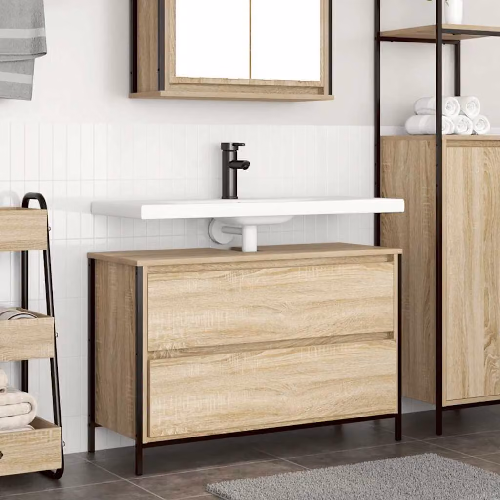 Lavabo da Bagno Mobile con Cassetti vidaXL in Rovere Sonoma, L: 90 cm, P: 34,5 cm, H: 60 cm