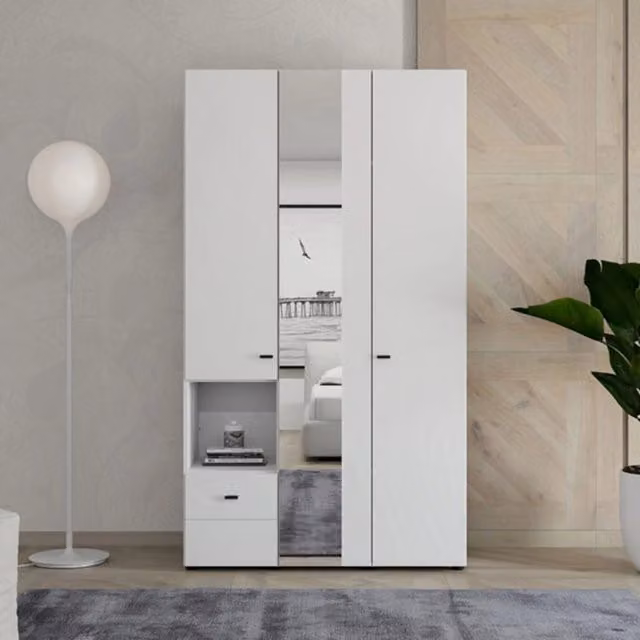Armadio da camera da letto DMORA con ante a battente, specchio e cassetti integrati, Bianco Opaco, L: 117 cm, P: 52 cm, H: 208 cm