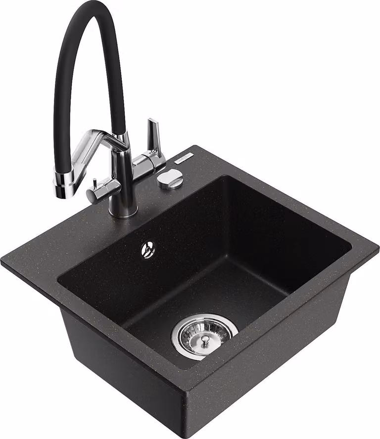 Mexen Milo lavello da cucina in granito con 1 vasca e miscelatore Duo, nero/oro metallizzato - 6505-75-671701-07