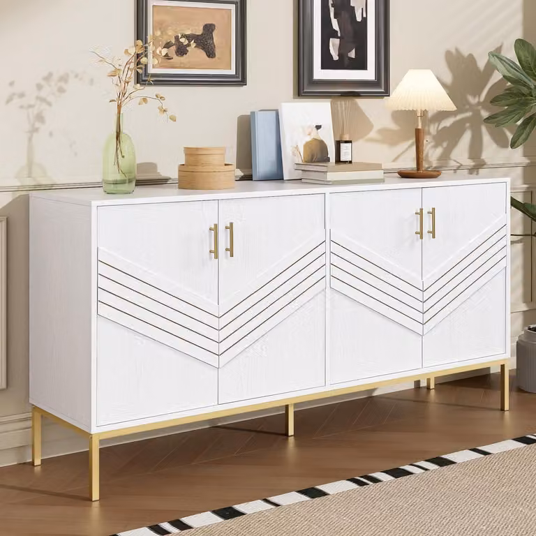 Mobile contenitore a 4 ante, struttura in MDF, gambe in metallo, colore bianco, dimensioni 160x40x80,5 cm