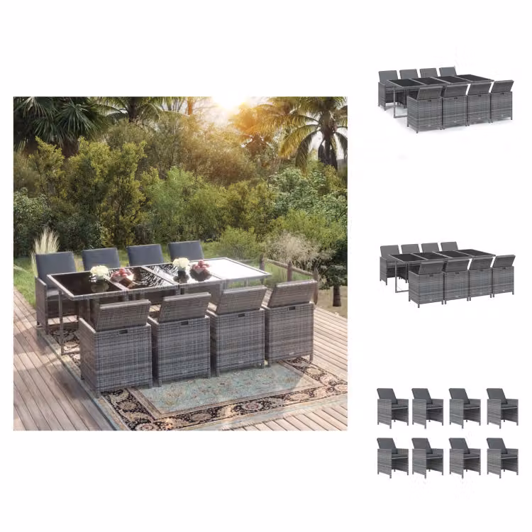 vidaXL set da pranzo da giardino 9 pezzi con cuscini in poly rattan grigio - Set di mobili da giardino