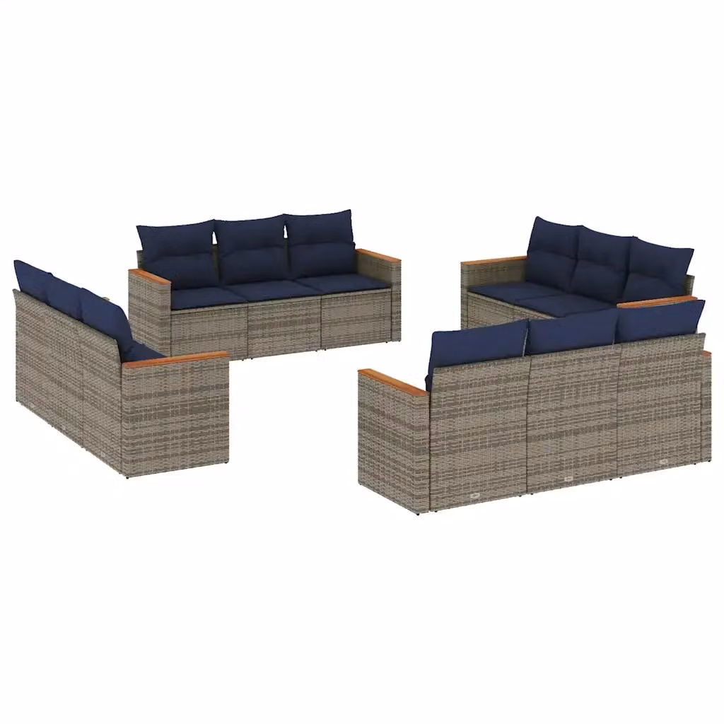 Set di Divani da Giardino vidaXL a Forma a U in Polyrattan con Cuscini Grigio e Blu e Struttura in Acciaio Verniciato a Polvere – 2