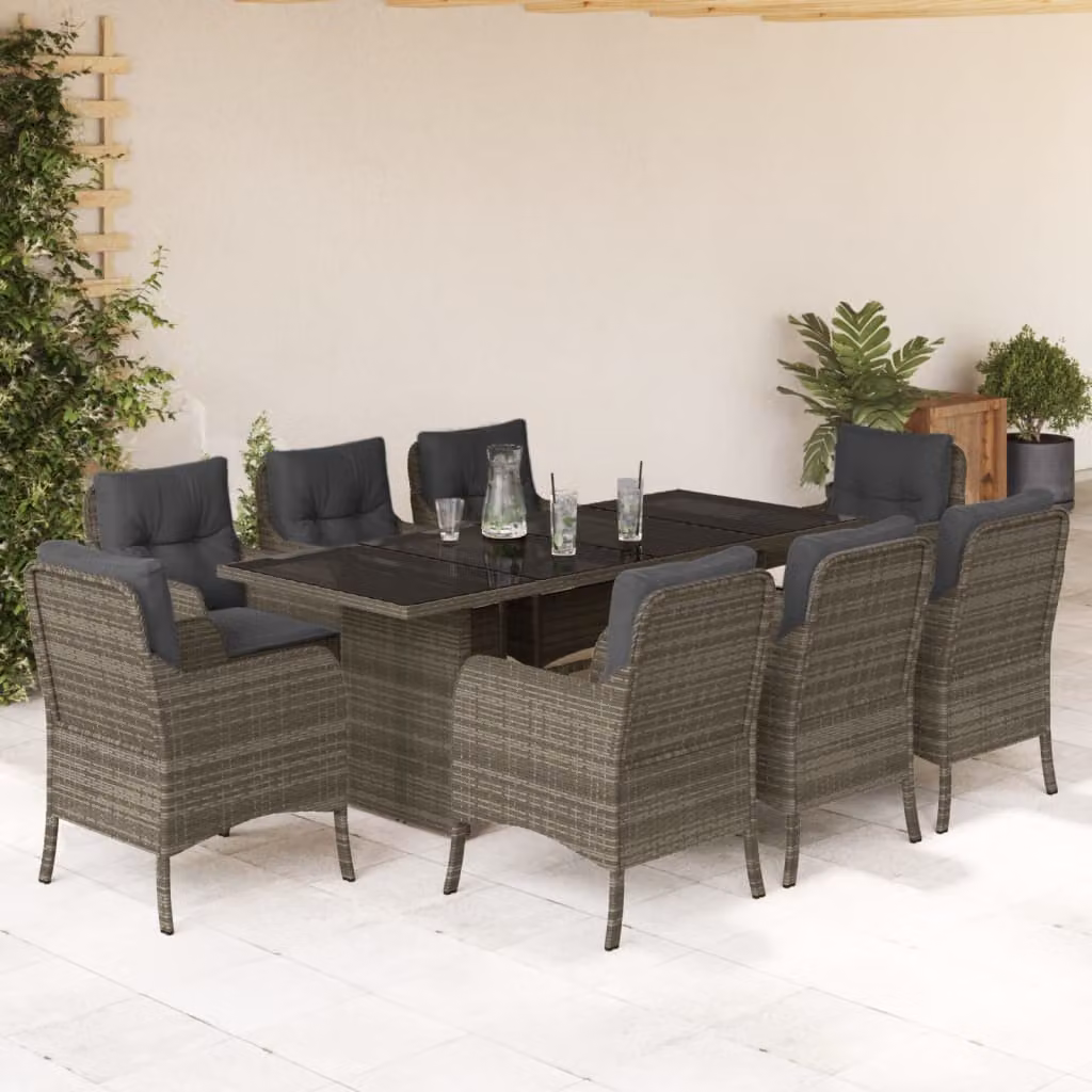 Set da Pranzo da Giardino vidaXL 9 pz in Polyrattan Grigio con Piano in Vetro – 1