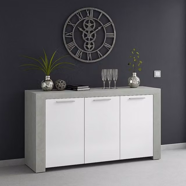 Credenza Amaculi DMORA, Madia moderna a 3 ante in MDF e metallo, Colore Grigio e Bianco, L: 144 cm, P: 42 cm, H: 80 cm