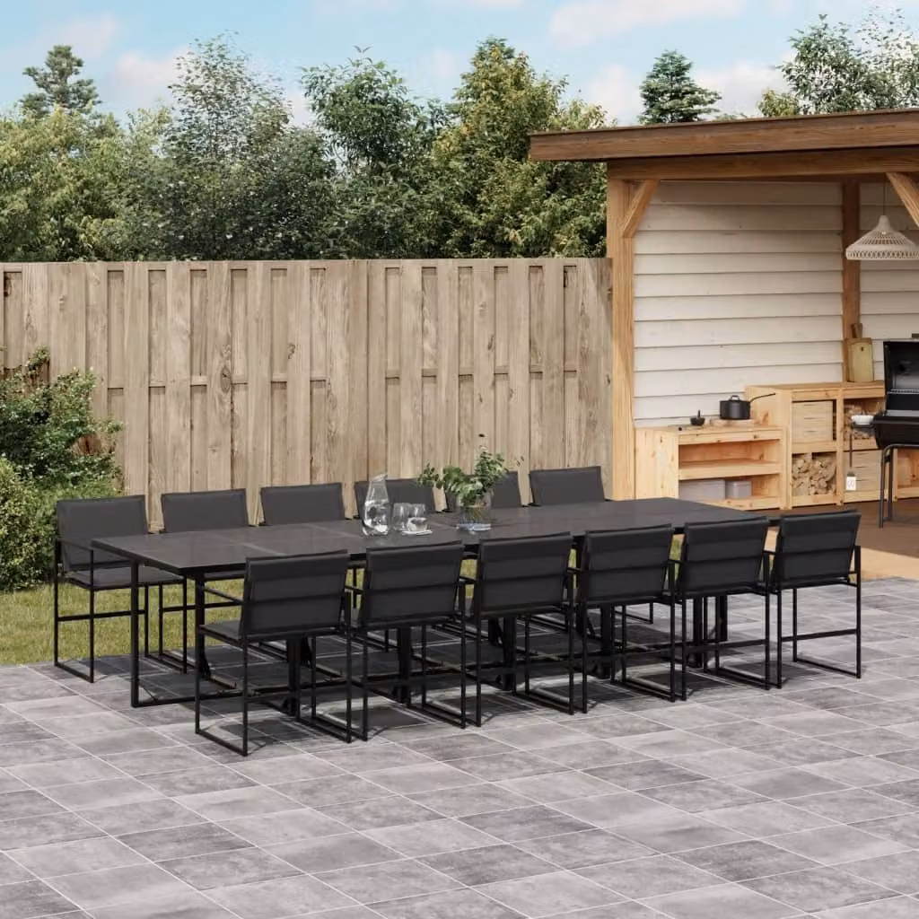 Set da pranzo da giardino vidaXL in acciaio nero e vetro con 13 pezzi e cuscini grigi – 1