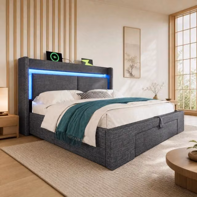 Letto contenitore Mivray con testiera, illuminazione LED e porte USB/USB-C, rivestimento in lino grigio, L/P/H: 140 x 200 x 151 cm – 1